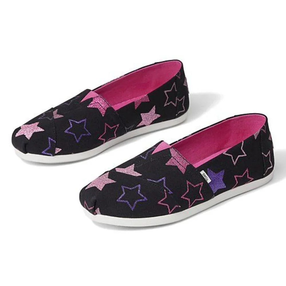 TOMS Black Glitter Stars Canvas Alpargata Slip-On sz 7 Women's Shoes NEW